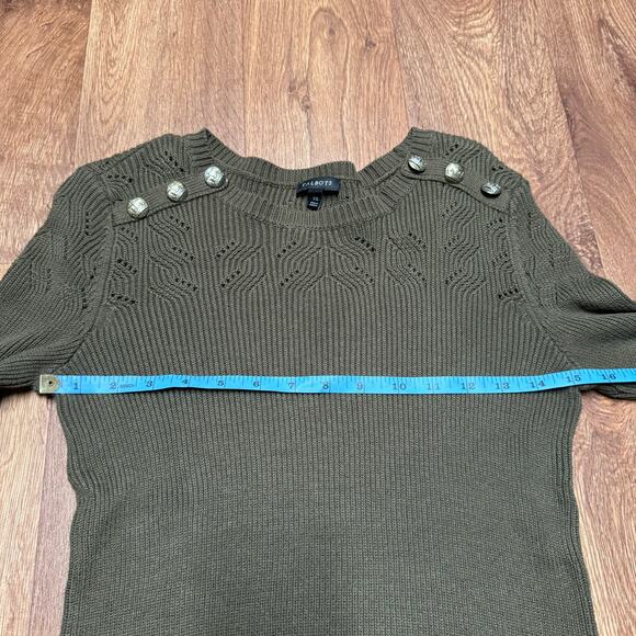 Talbots Womens Olive Green Scoop Neck Sweater Brass Buttons Open Knit Size XS - Picture 6 of 7